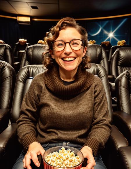 00790-1425325572-photo of a woman in a movie theatre, curled up in her chair,  in a cashmere sweater, black rim glasses,  eating popcorn and a so.png